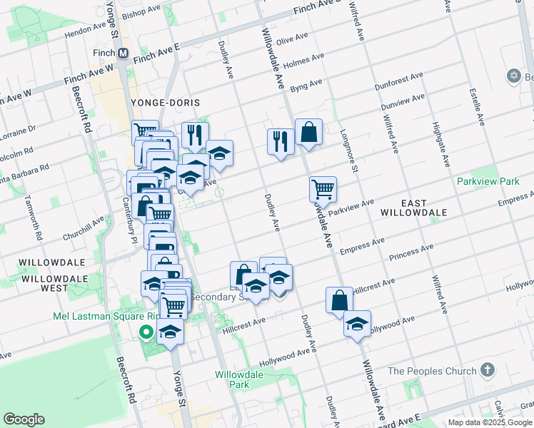 map of restaurants, bars, coffee shops, grocery stores, and more near 109 Norton Avenue in Toronto
