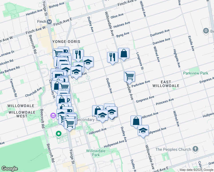 map of restaurants, bars, coffee shops, grocery stores, and more near 109 Norton Avenue in Toronto