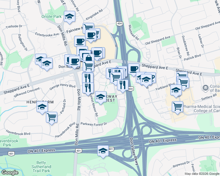 map of restaurants, bars, coffee shops, grocery stores, and more near 100 Parkway Forest Drive in Toronto