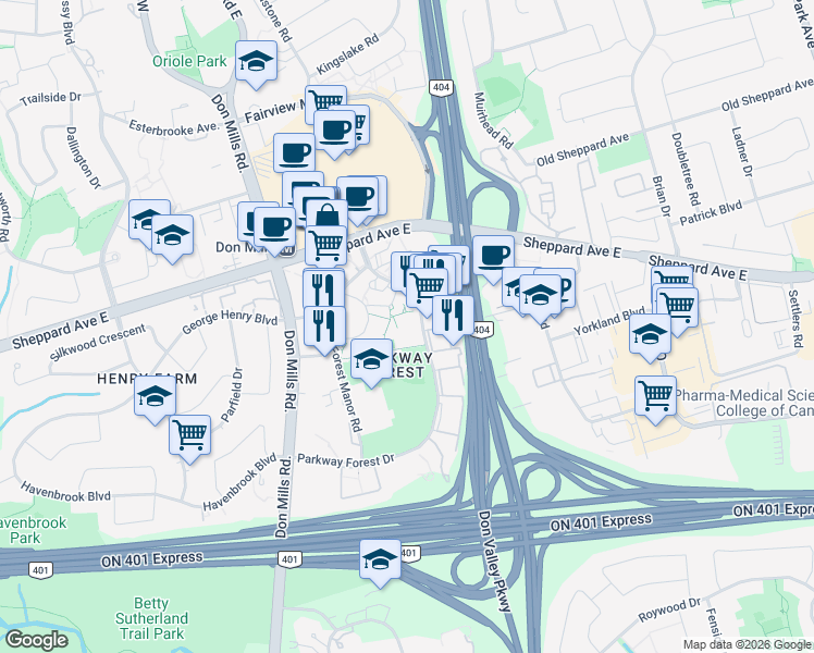 map of restaurants, bars, coffee shops, grocery stores, and more near 100 Parkway Forest Drive in Toronto