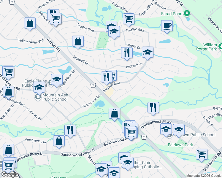 map of restaurants, bars, coffee shops, grocery stores, and more near 65 Braydon Boulevard in Brampton