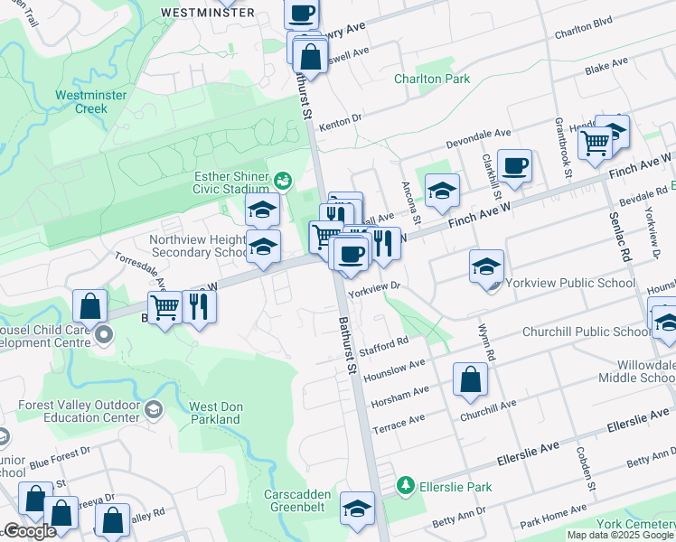 map of restaurants, bars, coffee shops, grocery stores, and more near in Toronto