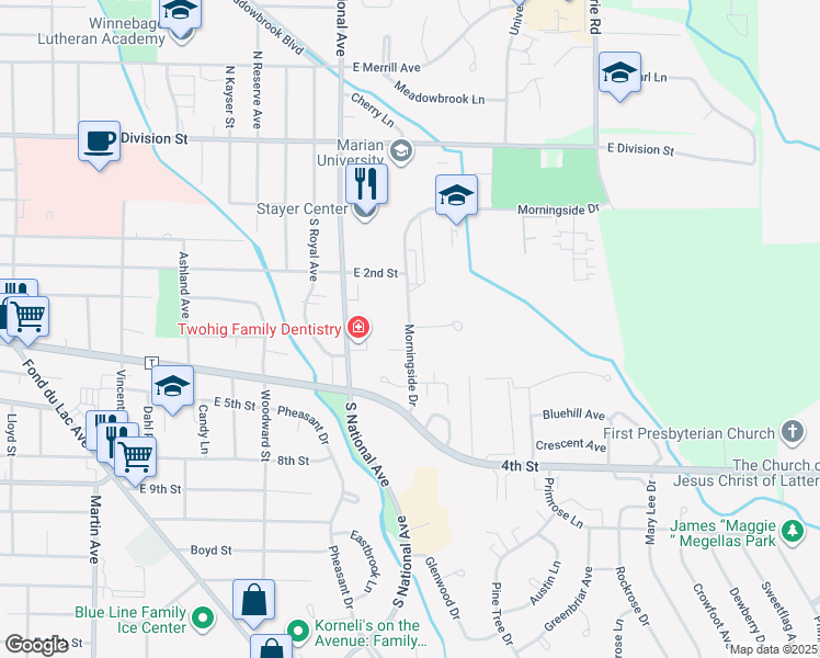 map of restaurants, bars, coffee shops, grocery stores, and more near 202 Morningside Drive in Fond du Lac