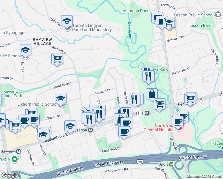 map of restaurants, bars, coffee shops, grocery stores, and more near 7 Howard Drive in Toronto