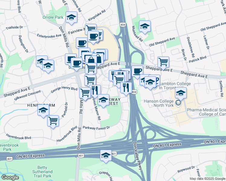 map of restaurants, bars, coffee shops, grocery stores, and more near 100 Parkway Forest Drive in Toronto