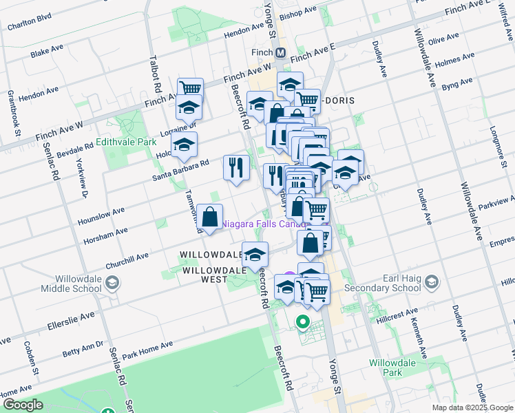 map of restaurants, bars, coffee shops, grocery stores, and more near in Toronto