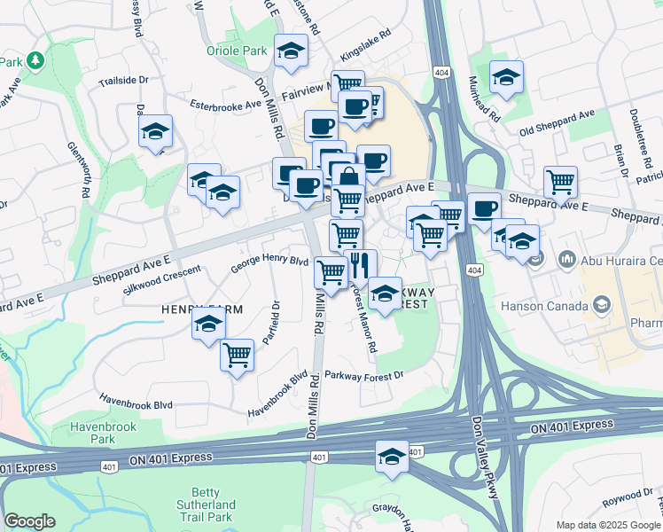 map of restaurants, bars, coffee shops, grocery stores, and more near 52 Forest Manor Road in Toronto