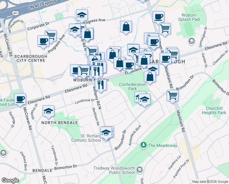 map of restaurants, bars, coffee shops, grocery stores, and more near 130 Amberjack Boulevard in Toronto