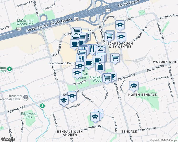 map of restaurants, bars, coffee shops, grocery stores, and more near 60 Town Centre Court in Toronto