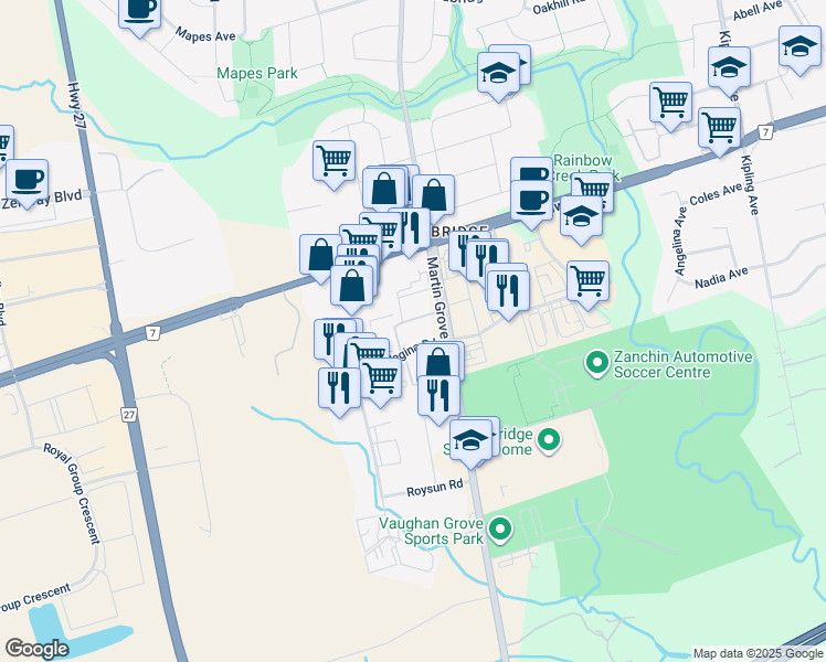 map of restaurants, bars, coffee shops, grocery stores, and more near in Vaughan