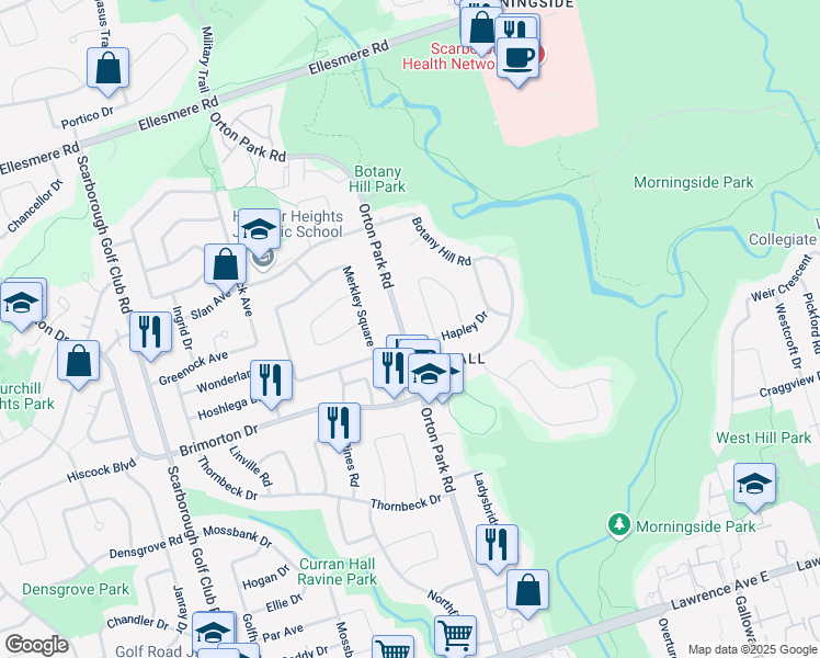 map of restaurants, bars, coffee shops, grocery stores, and more near 159 Orton Park Road in Toronto