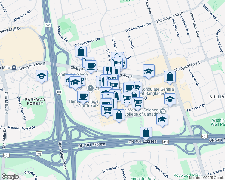 map of restaurants, bars, coffee shops, grocery stores, and more near 201 Consumers Road in Toronto