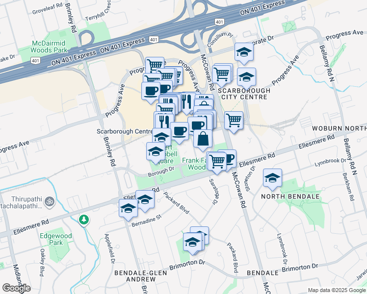 map of restaurants, bars, coffee shops, grocery stores, and more near 50 Town Centre Court in Toronto
