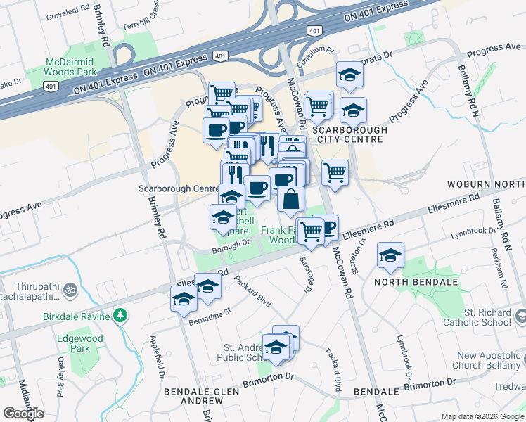 map of restaurants, bars, coffee shops, grocery stores, and more near in Toronto