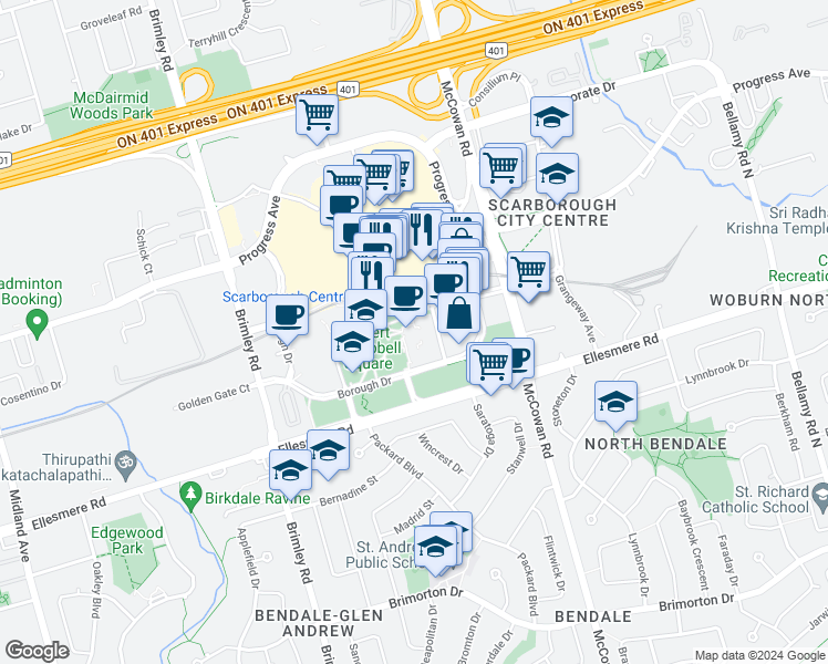 map of restaurants, bars, coffee shops, grocery stores, and more near in Toronto