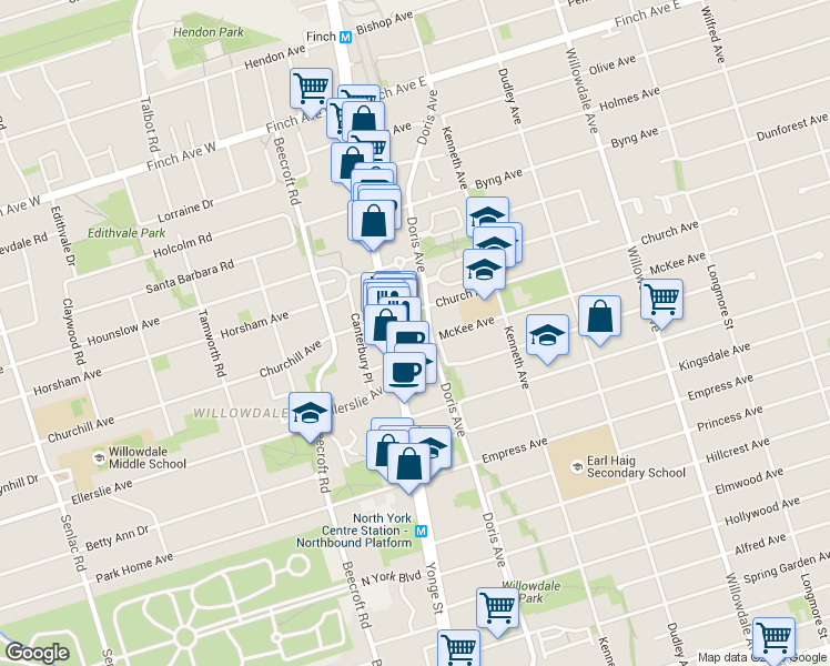 map of restaurants, bars, coffee shops, grocery stores, and more near in Toronto