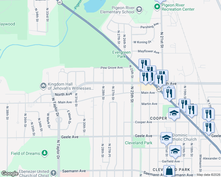 map of restaurants, bars, coffee shops, grocery stores, and more near 2716 Main Avenue in Sheboygan