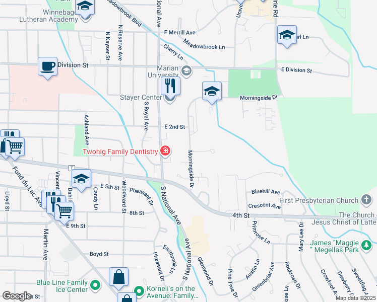 map of restaurants, bars, coffee shops, grocery stores, and more near 202 Morningside Drive in Fond du Lac