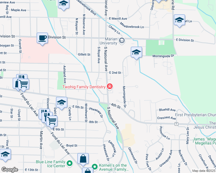 map of restaurants, bars, coffee shops, grocery stores, and more near 192 South National Avenue in Fond du Lac