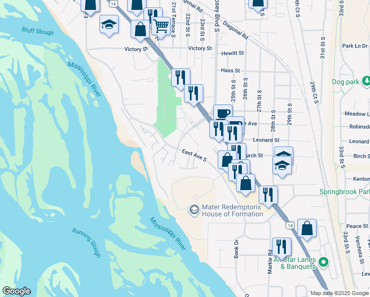 map of restaurants, bars, coffee shops, grocery stores, and more near in La Crosse