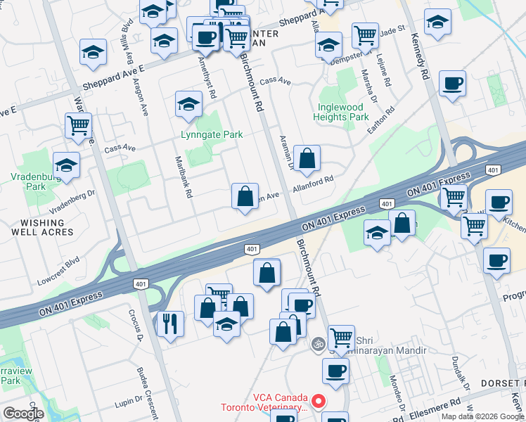 map of restaurants, bars, coffee shops, grocery stores, and more near 76 Tourmaline Drive in Toronto