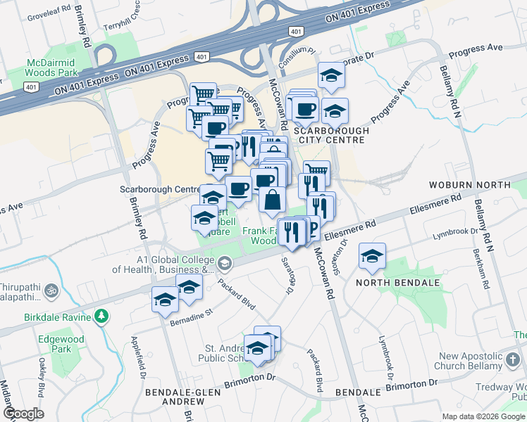 map of restaurants, bars, coffee shops, grocery stores, and more near 25 Town Centre Court in Toronto