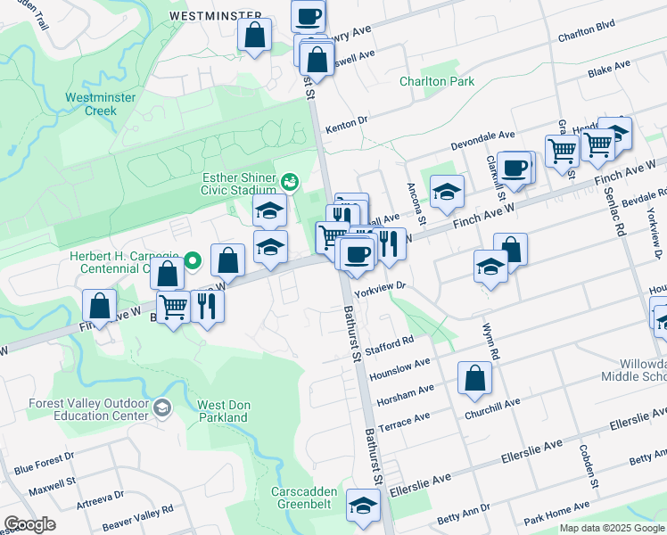 map of restaurants, bars, coffee shops, grocery stores, and more near 4926 Bathurst Street in Toronto