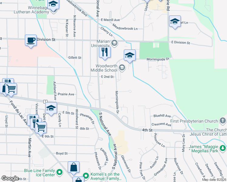 map of restaurants, bars, coffee shops, grocery stores, and more near 202 Morningside Drive in Fond du Lac
