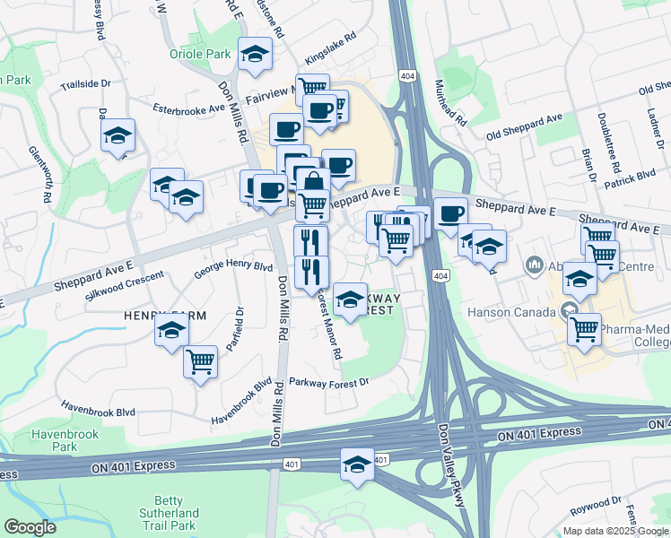 map of restaurants, bars, coffee shops, grocery stores, and more near 65 Forest Manor Road in Toronto