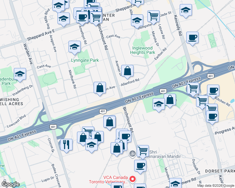 map of restaurants, bars, coffee shops, grocery stores, and more near 97 Tourmaline Drive in Toronto