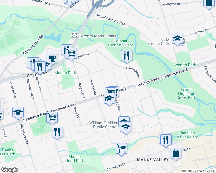 map of restaurants, bars, coffee shops, grocery stores, and more near 9 Minnacote Avenue in Toronto