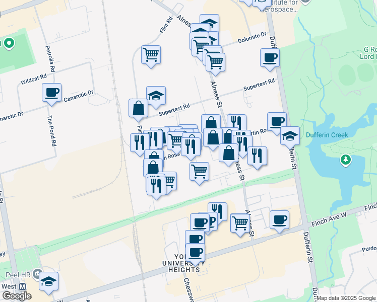 map of restaurants, bars, coffee shops, grocery stores, and more near 95 Martin Ross Avenue in Toronto