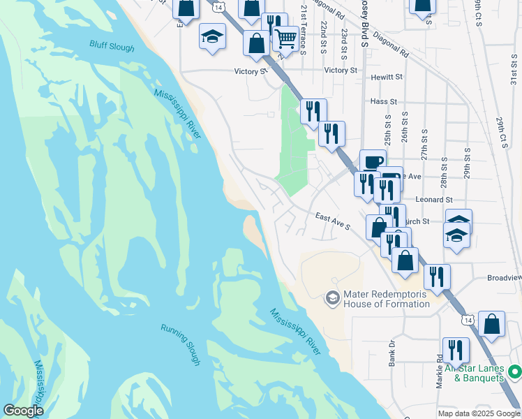 map of restaurants, bars, coffee shops, grocery stores, and more near 3358 Bayside Court in La Crosse