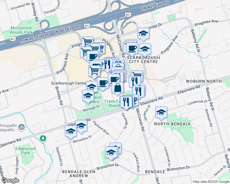 map of restaurants, bars, coffee shops, grocery stores, and more near 190 Borough Drive in Toronto