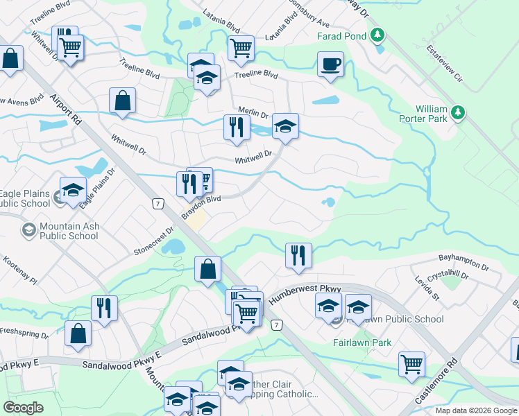 map of restaurants, bars, coffee shops, grocery stores, and more near 13 Sparta Drive in Brampton