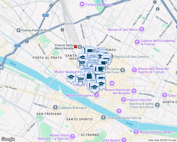 map of restaurants, bars, coffee shops, grocery stores, and more near 71 Via del Moro in Firenze