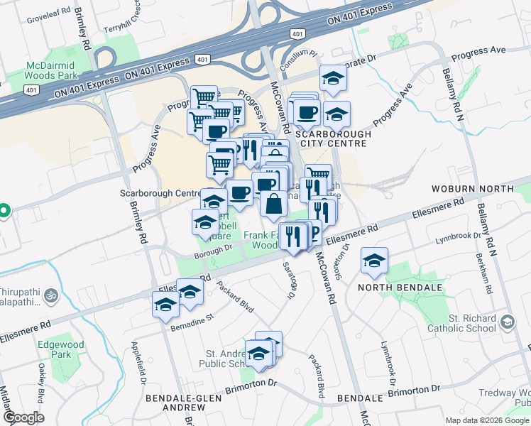 map of restaurants, bars, coffee shops, grocery stores, and more near 25 Town Centre Court in Toronto