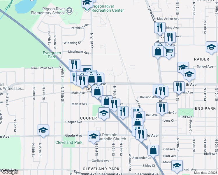 map of restaurants, bars, coffee shops, grocery stores, and more near 2613 North 20th Street in Sheboygan