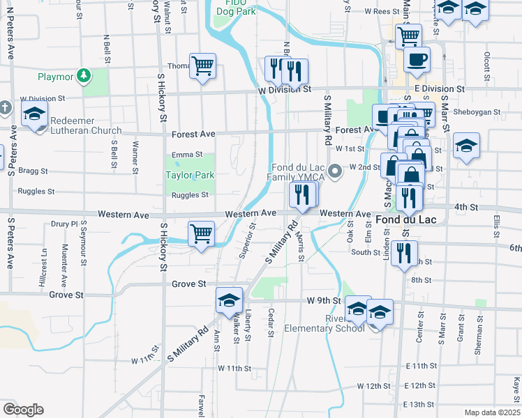 map of restaurants, bars, coffee shops, grocery stores, and more near 210 Superior Street in Fond du Lac