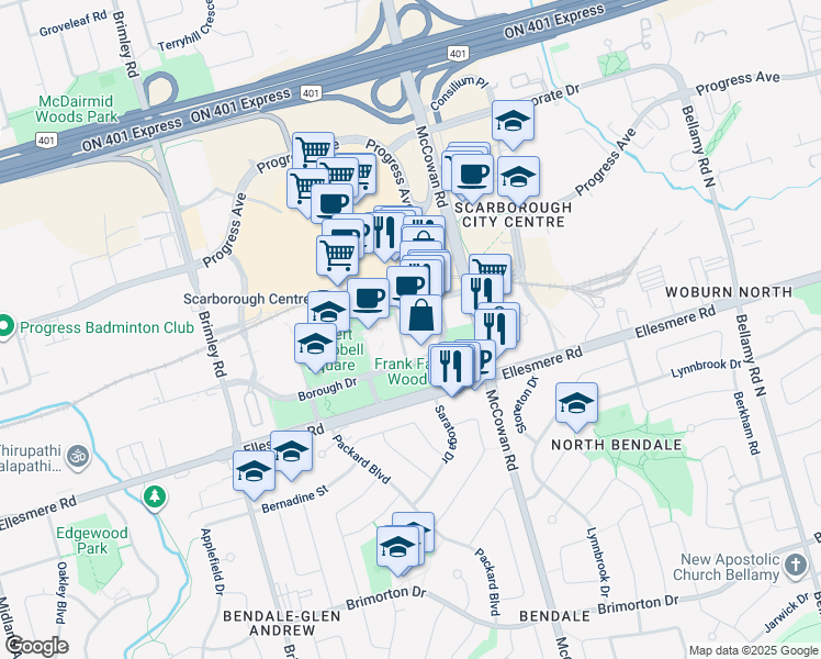 map of restaurants, bars, coffee shops, grocery stores, and more near 25 Town Centre Court in Toronto
