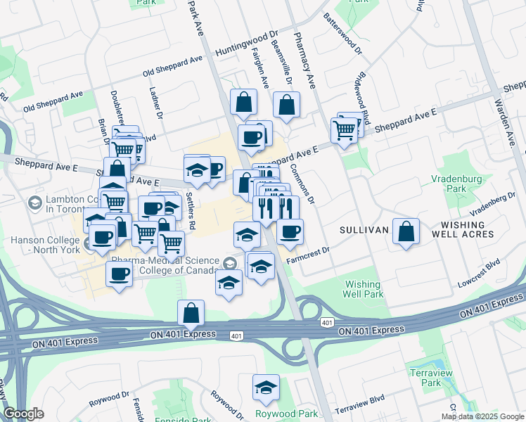 map of restaurants, bars, coffee shops, grocery stores, and more near Victoria Park Ave & Esquire Rd in Toronto