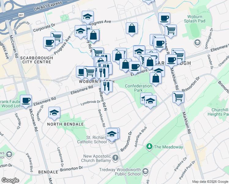 map of restaurants, bars, coffee shops, grocery stores, and more near 139 Amberjack Boulevard in Toronto