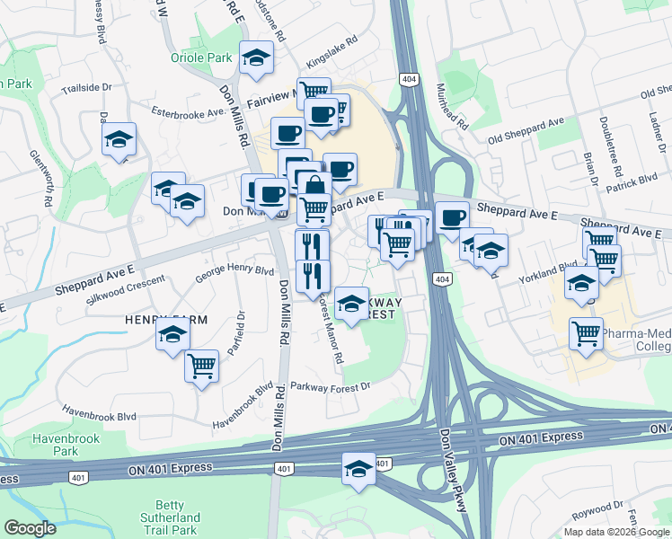 map of restaurants, bars, coffee shops, grocery stores, and more near 65 Forest Manor Road in Toronto