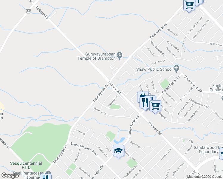 map of restaurants, bars, coffee shops, grocery stores, and more near 51 Connolly Crescent in Brampton