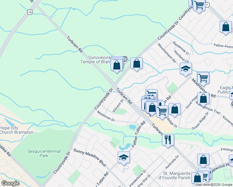 map of restaurants, bars, coffee shops, grocery stores, and more near 51 Connolly Crescent in Brampton