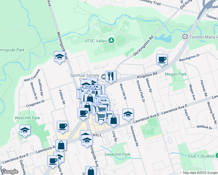 map of restaurants, bars, coffee shops, grocery stores, and more near 4589 Kingston Road in Toronto