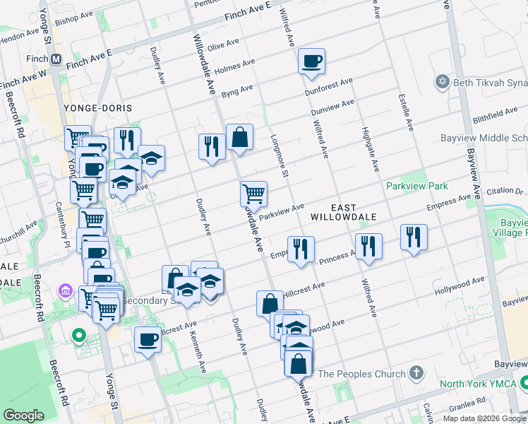 map of restaurants, bars, coffee shops, grocery stores, and more near 192 Parkview Avenue in Toronto