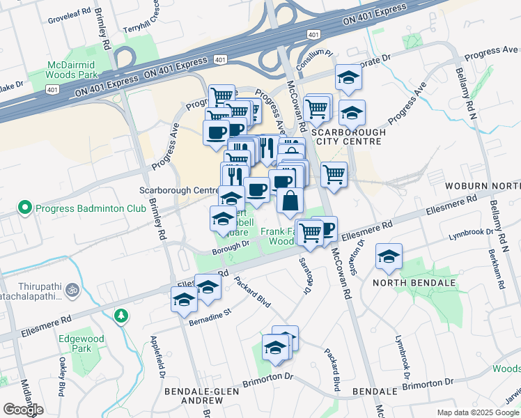 map of restaurants, bars, coffee shops, grocery stores, and more near 60 Town Centre Court in Toronto