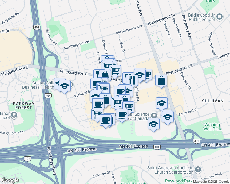 map of restaurants, bars, coffee shops, grocery stores, and more near 2225 Sheppard Avenue East in Toronto