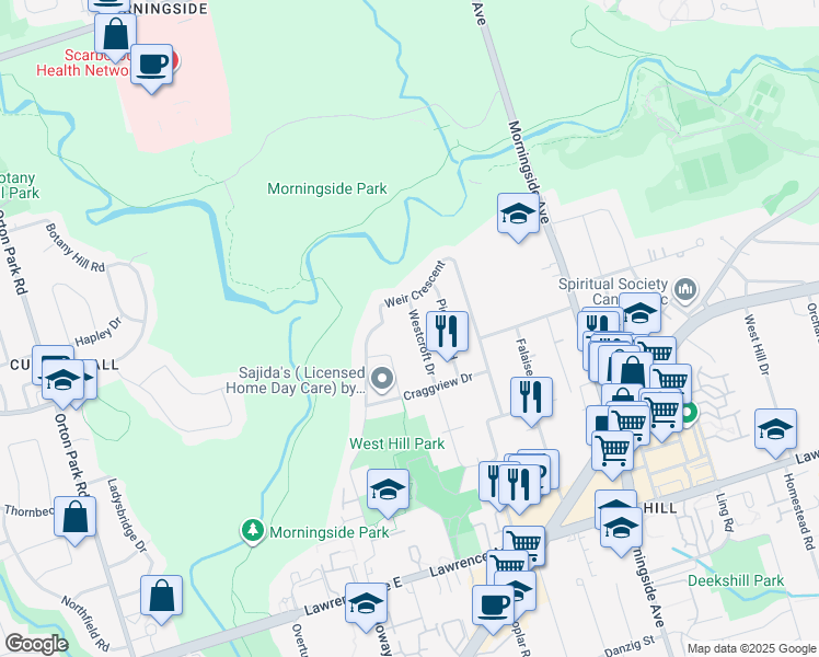map of restaurants, bars, coffee shops, grocery stores, and more near 102 Westcroft Drive in Toronto